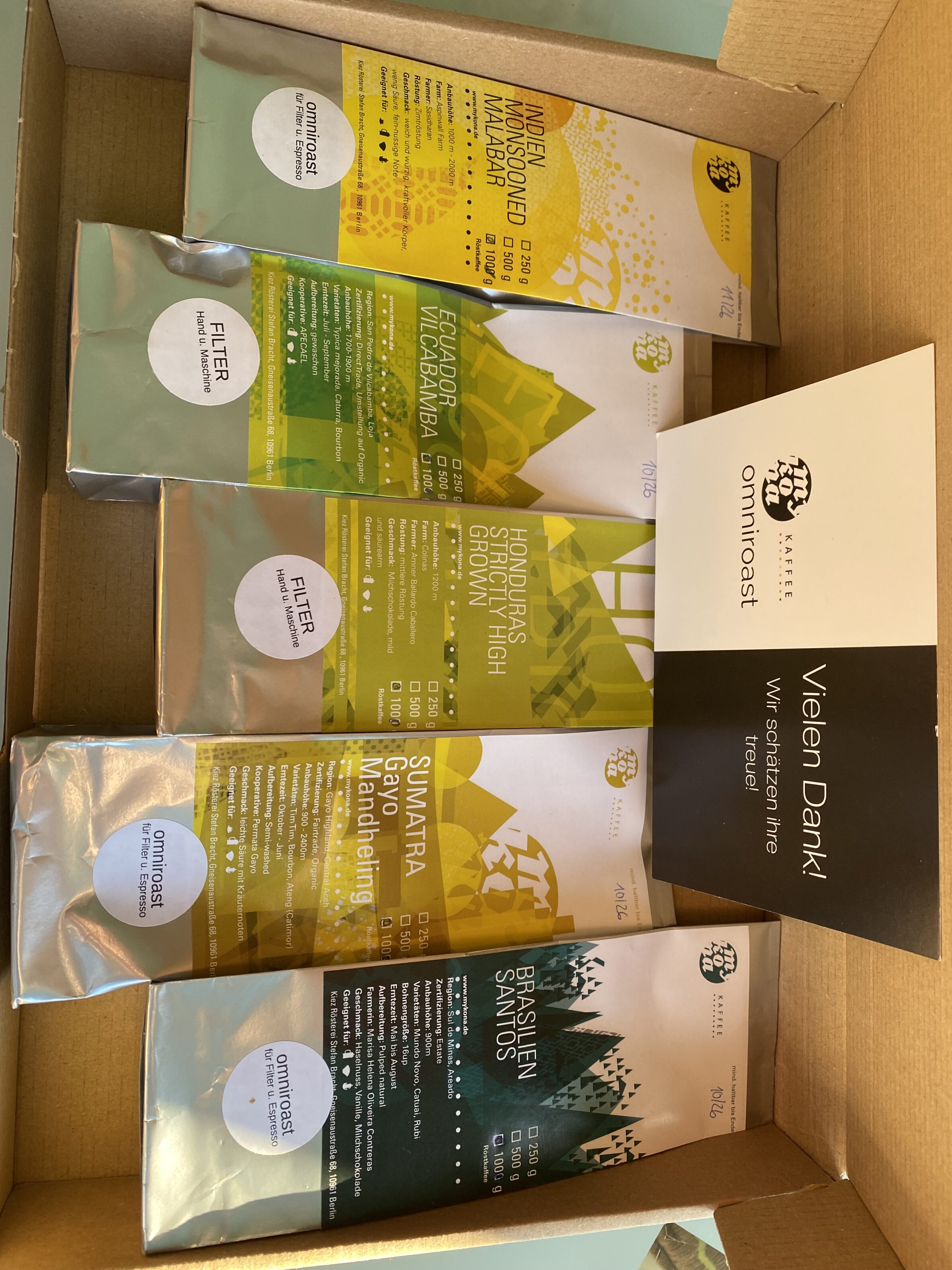 Geschenkbox 5 Kaffees je 100g aus 5 Herkunftsregionen 43,90€/1Kg exkl.Versandkosten