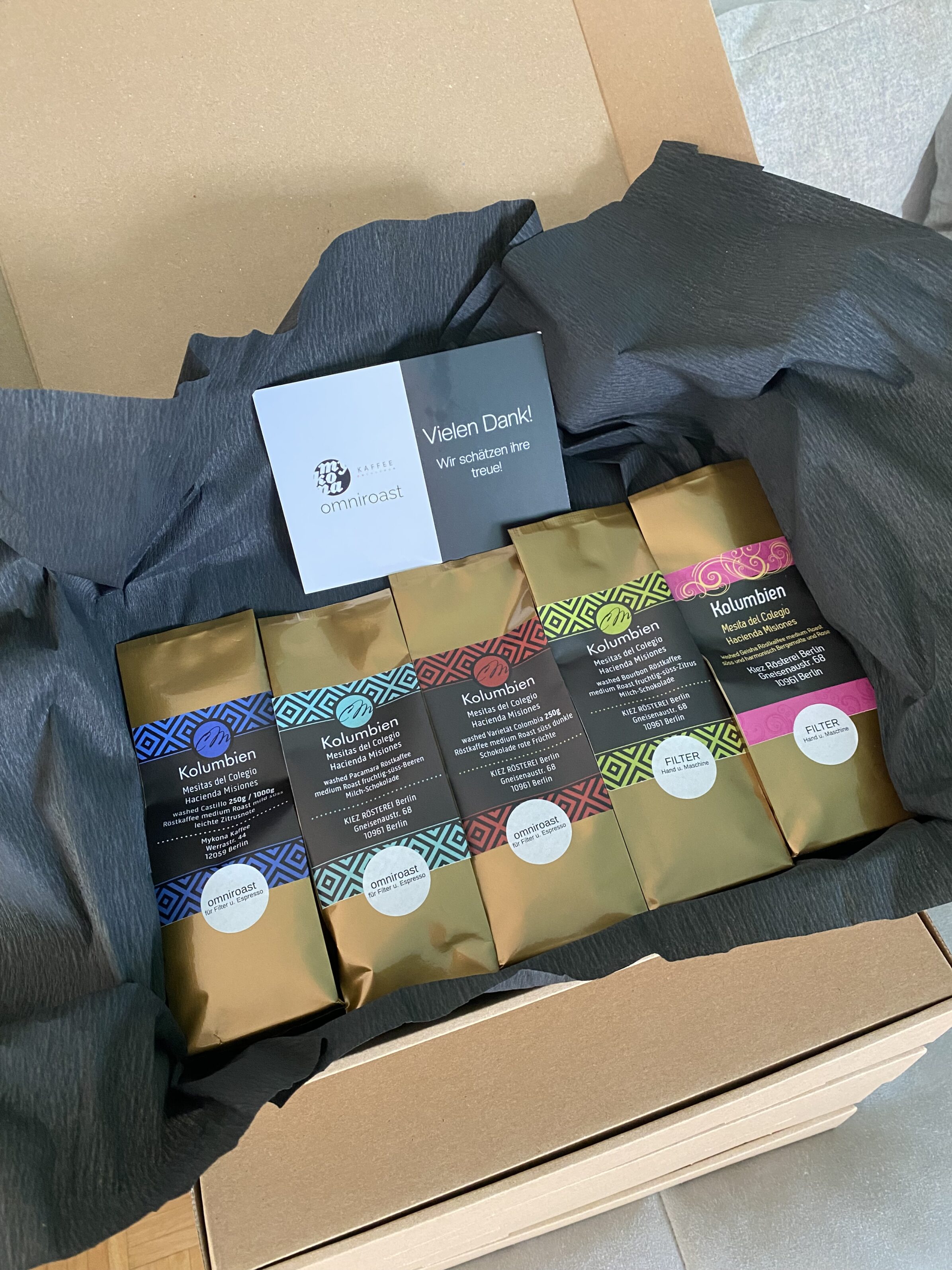 Geschenkbox 5 Kaffees je 100g von der Hacienda Misiones aus Kolumbien 49,90€/1Kg exkl.Versandkosten